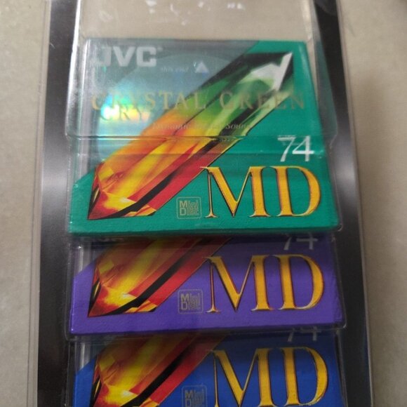 JVC Recordable Minidisc Crystal Green Purple Blue MD 74 Minutes  3 Pack - Picture 1 of 5